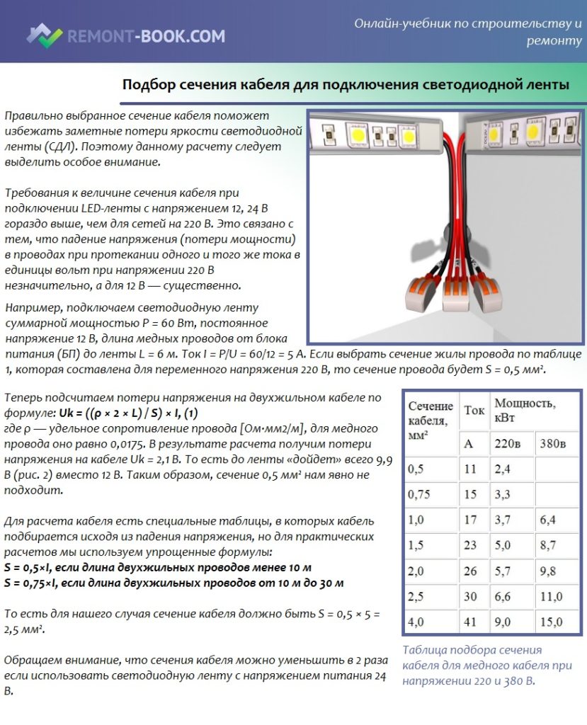 Подбор сечения кабеля для подключения светодиодной ленты