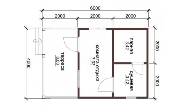 Баня из профилированного бруса 4x6 метров с комнатой отдыха и террасой 