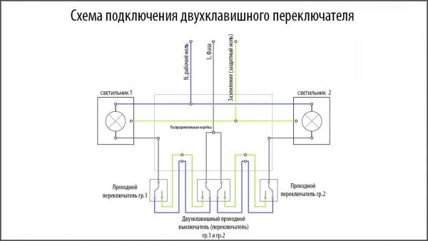 Схема подключения двухклавишного проходного выключателя